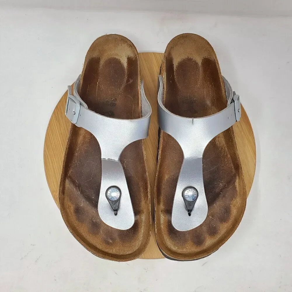Birkenstock Gizeh Sandals 38‎ Womens 7 Silver Thong Buckle Strap Cracked Straps